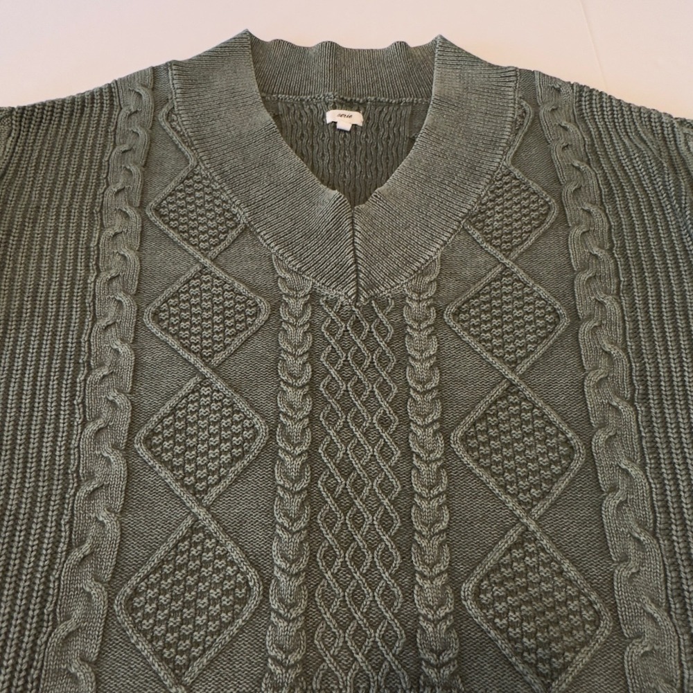 Aerie Sage Green Cable Knit V-Neck Sweater Women's Large Cotton Oversized Earthy - Picture 9 of 10